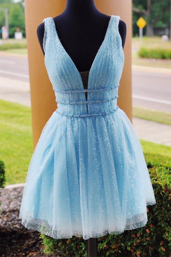 Vestido de fiesta corto con escote en V, pedrería brillante, vestido de bienvenida
