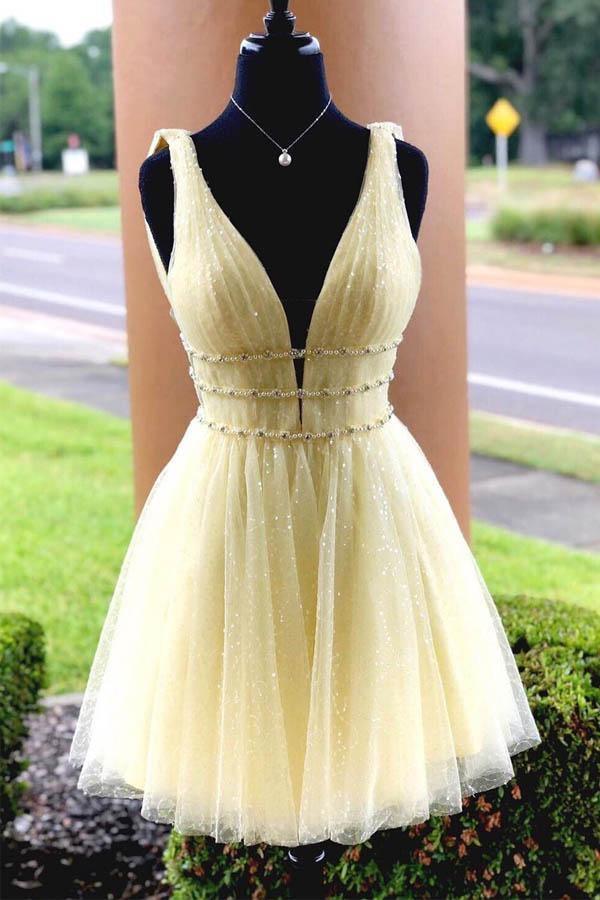 Vestido de fiesta corto con escote en V, pedrería brillante, vestido de bienvenida