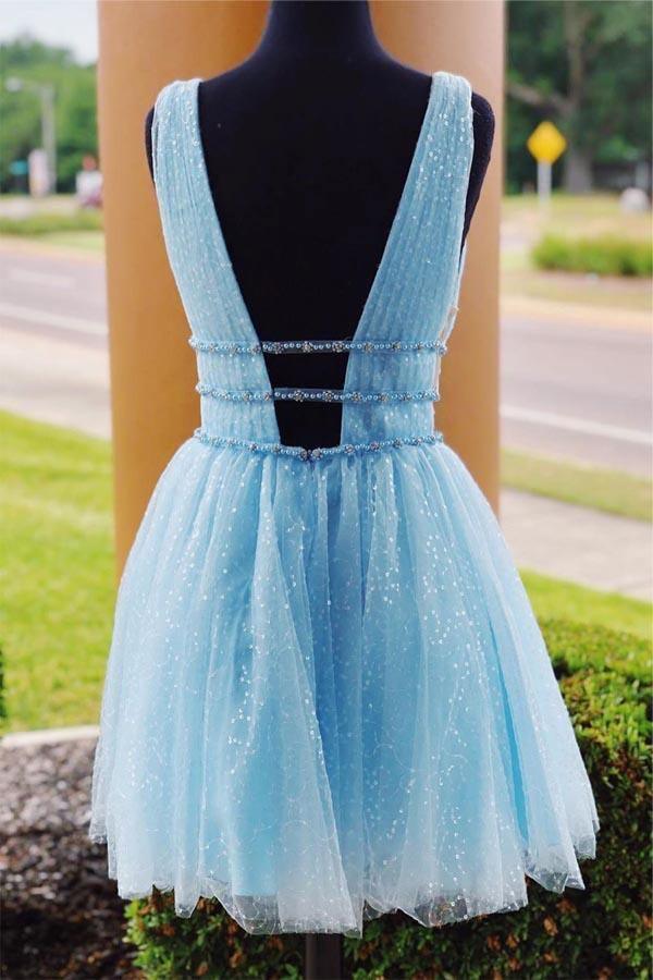 Vestido de fiesta corto con escote en V, pedrería brillante, vestido de bienvenida