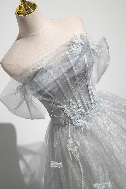 A-Line Off the Shoulder Tulle Prom Dress, Lovely Corset Floor Length Party Dress