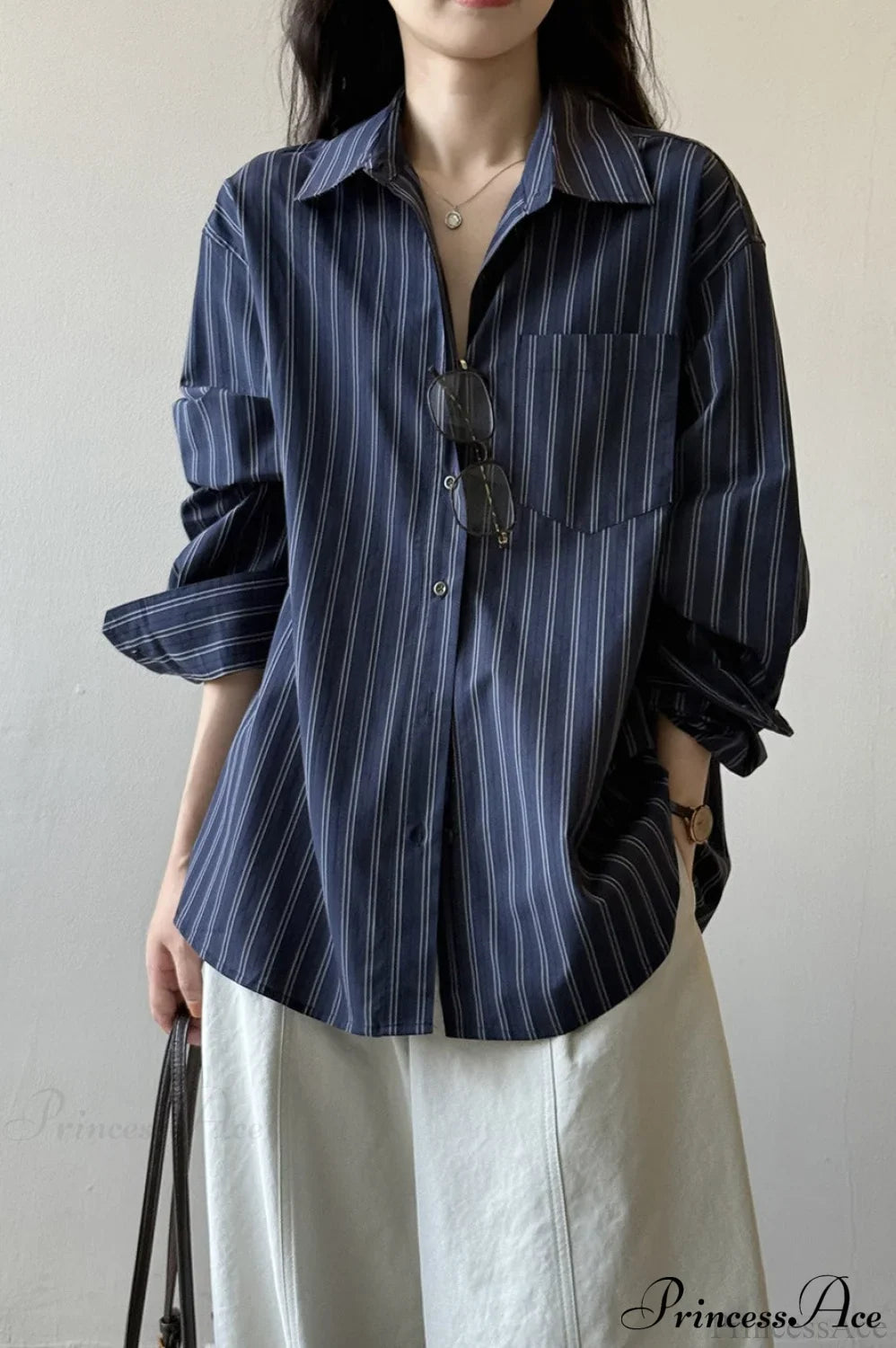 Vertical Stripe Long-Sleeve Cotton Loose Blouse