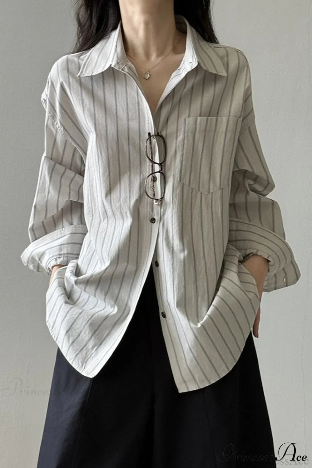 Vertical Stripe Long-Sleeve Cotton Loose Blouse