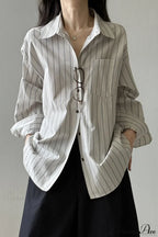 Vertical Stripe Long-Sleeve Cotton Loose Blouse