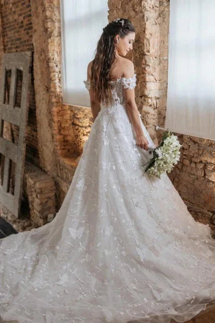 Vestidos de novia vintage con línea A de encaje sin hombros sin mangas con apliques