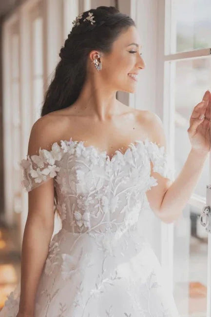 Vestidos de novia vintage con línea A de encaje sin hombros sin mangas con apliques