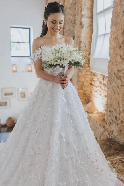 Vestidos de novia vintage con línea A de encaje sin hombros sin mangas con apliques