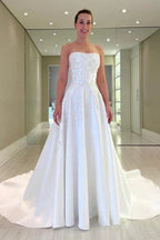 Vintage A-Line Satin Sleeveless Long Wedding Dress With Appliques