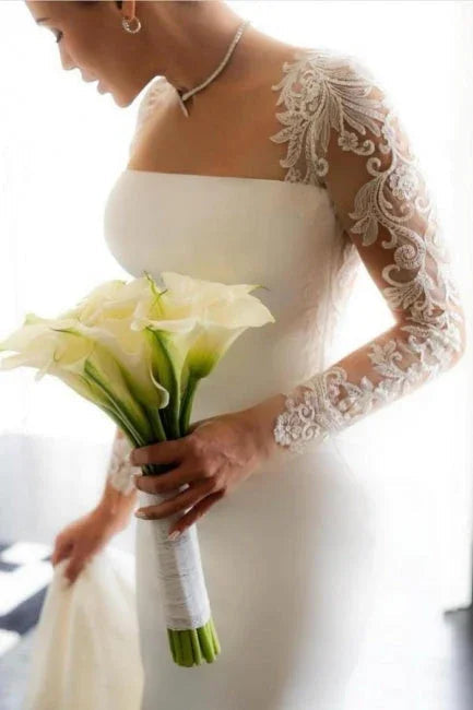 Vintage Column Satin Lace Long Sleeve Wedding Dress With Appliques