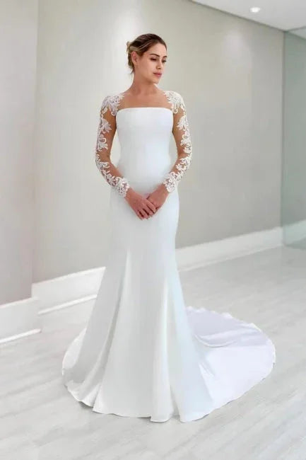 Vintage Column Satin Lace Long Sleeve Wedding Dress With Appliques