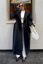 Vintage Elegant Wool Tie Waist Relaxed Overcoat