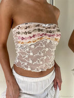 Vintage Embroidery Flower Strapless Tube Crop Top