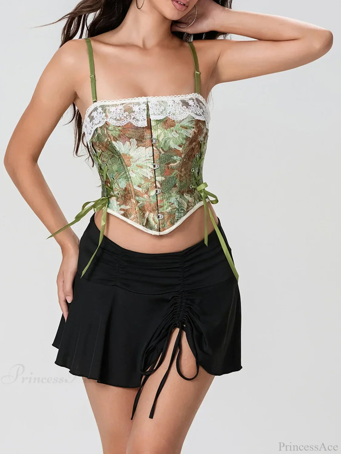 Vintage Floral Lace Trim Tie-up Spaghetti Strap Bustier