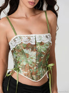 Vintage Floral Lace Trim Tie-up Spaghetti Strap Bustier
