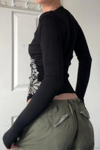 Vintage Floral Print V-Neck Black Slim Long Sleeve Tee