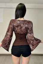 Vintage Floral Print V-neck Slim Sexy Long Sleeve Tee