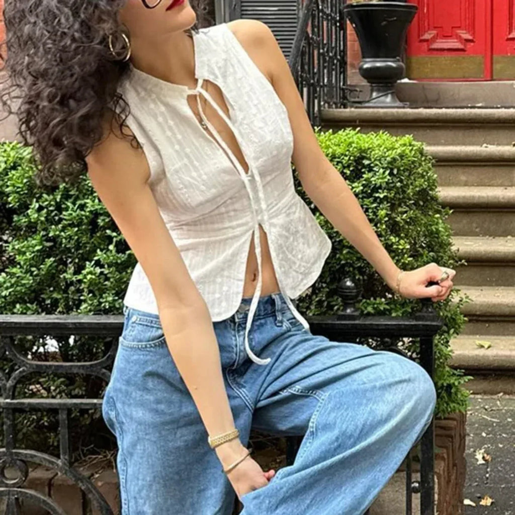 Vintage Jacquard Tie Up Neck Front Cutout Y2K Cottage Streetwear Crop Top
