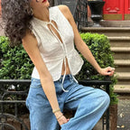 Vintage Jacquard Tie Up Neck Front Cutout Y2K Cottage Streetwear Crop Top