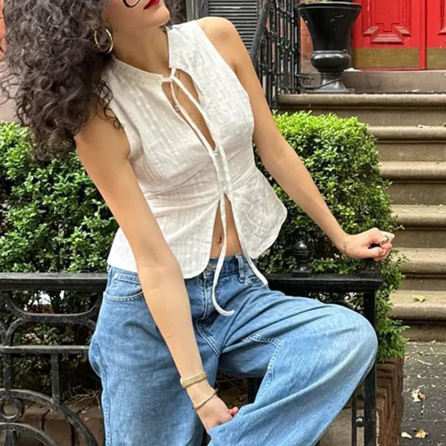 Vintage Jacquard Tie Up Neck Front Cutout Y2K Cottage Streetwear Crop Top