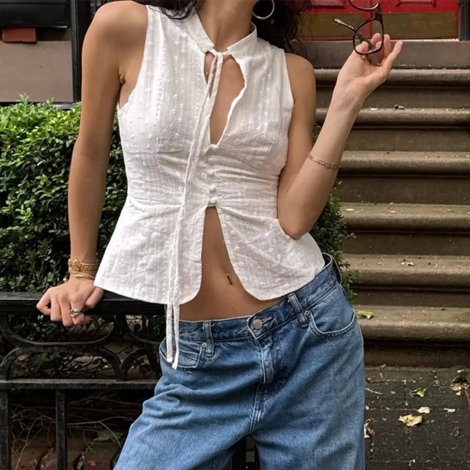 Vintage Jacquard Tie Up Neck Front Cutout Y2K Cottage Streetwear Crop Top