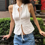 Vintage Jacquard Tie Up Neck Front Cutout Y2K Cottage Streetwear Crop Top