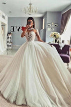 Vestidos de novia vintage de tul, corte A, con encaje y mangas largas