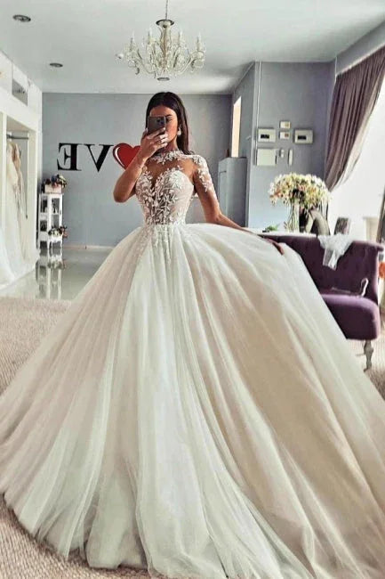 Vestidos de novia vintage de tul, corte A, con encaje y mangas largas