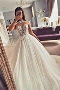 Vestidos de novia vintage de tul, corte A, con encaje y mangas largas