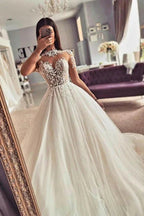 Vestidos de novia vintage de tul, corte A, con encaje y mangas largas