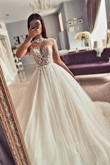 Vestidos de novia vintage de tul, corte A, con encaje y mangas largas