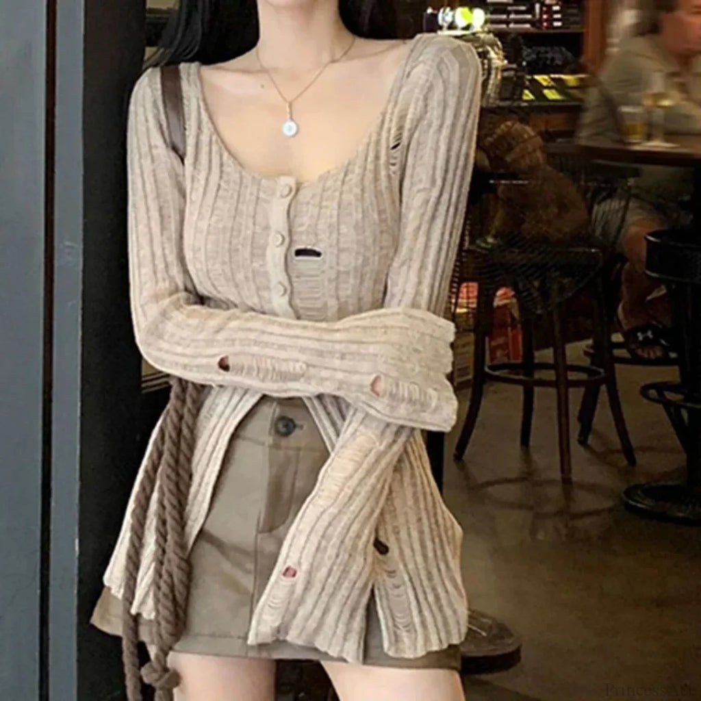Vintage Knitted Spring Long Sleeve Button Closure Slim Knit Top