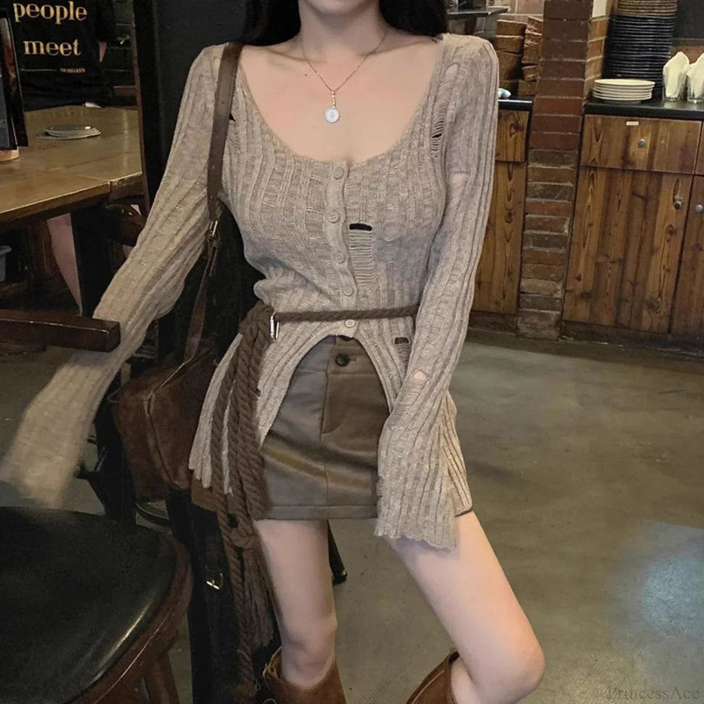 Vintage Knitted Spring Long Sleeve Button Closure Slim Knit Top