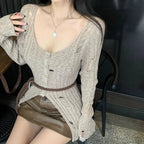 Vintage Knitted Spring Long Sleeve Button Closure Slim Knit Top