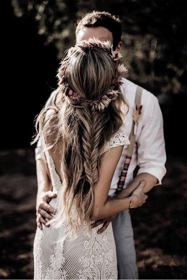 Vestidos de novia rústicos vintage de encaje con mangas casquillo estilo bohemio