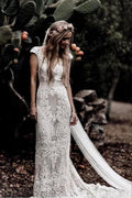 Vestidos de novia rústicos vintage de encaje con mangas casquillo estilo bohemio