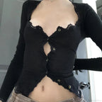 Vintage Lace Trim Button Low Cut Slim Fit Knit Top
