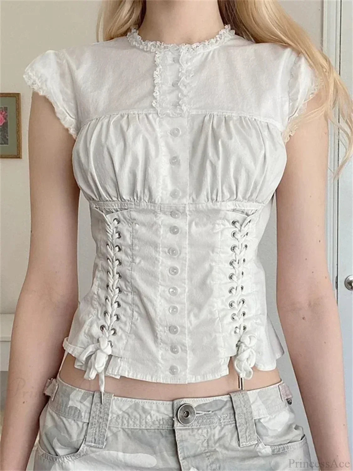 Vintage Lace Trim Cap Sleeve Bandage Blouse