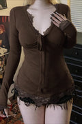 Vintage Lace Trim Deep V-neck Long Sleeve Tee