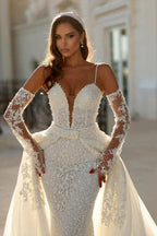 Vintage Long Mermaid Spaghetti Straps V-neck Lace Wedding Dress with Detachable Train