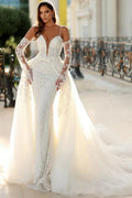 Vintage Long Mermaid Spaghetti Straps V-neck Lace Wedding Dress with Detachable Train