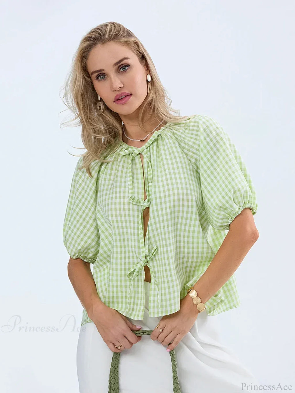 Vintage Plaid Tie-Up Blouse