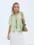 Vintage Plaid Tie-Up Blouse