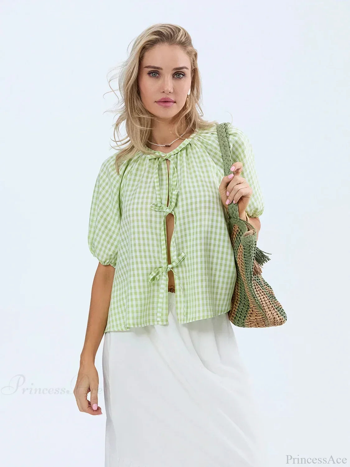 Vintage Plaid Tie-Up Blouse
