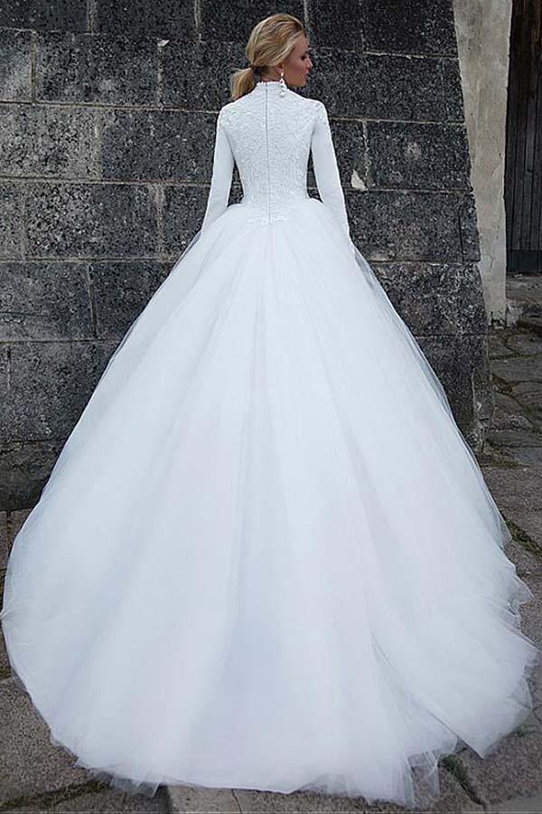 Vestido de novia de gala de satén vintage con cuello alto y talle natural