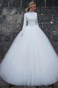 Vestido de novia de gala de satén vintage con cuello alto y talle natural