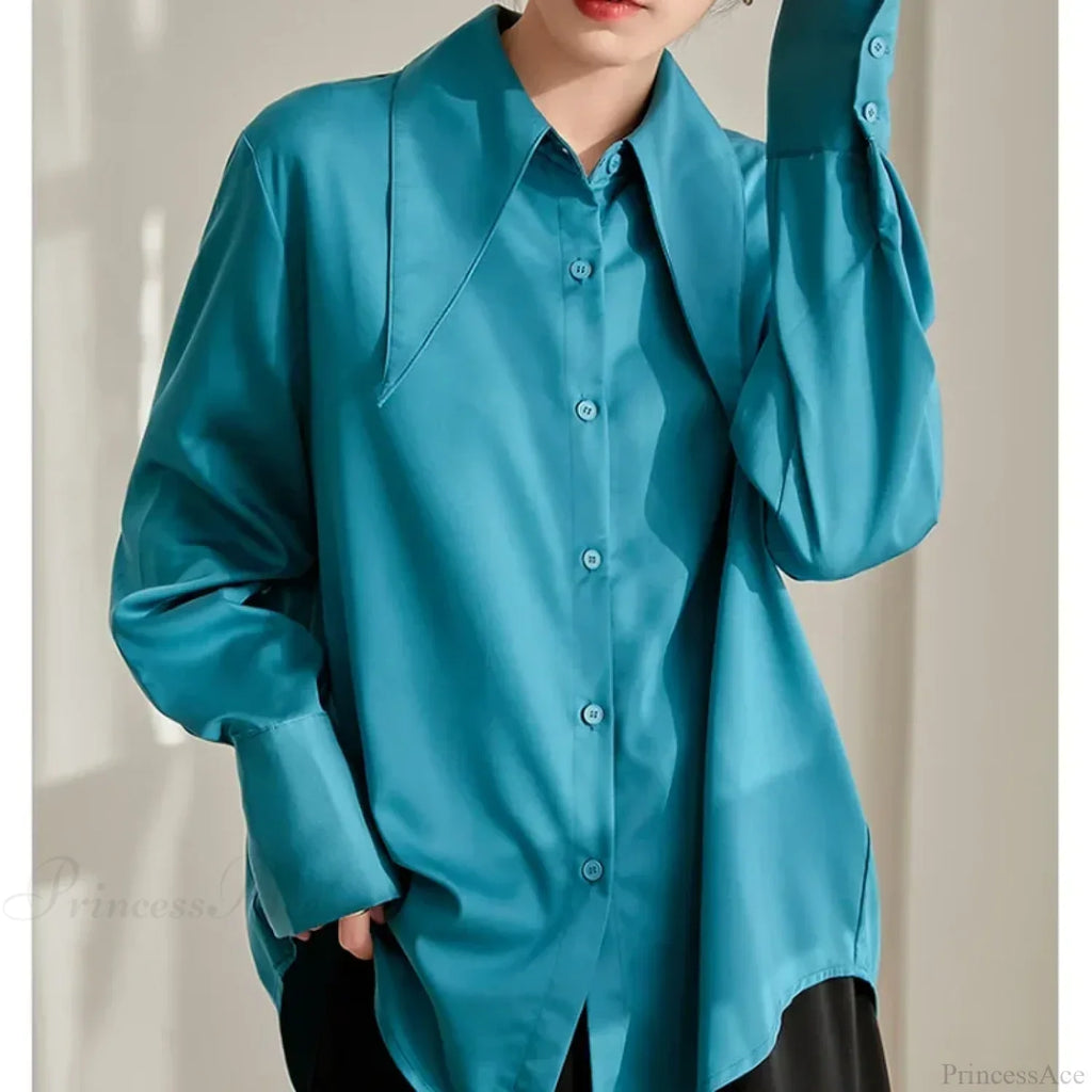 Vintage Satin Silk Turn Down Collar Blouse