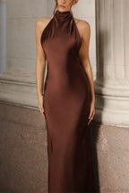 Vintage Solid Satin Backless Maxi Dress