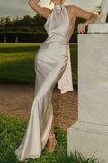 Vintage Solid Satin Backless Maxi Dress