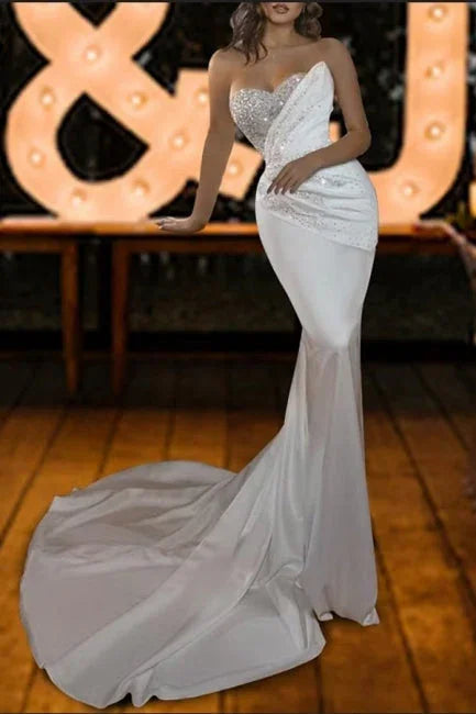 Vintage trägerlose Meerjungfrauen-Hochzeitskleider aus Pailletten und Satin, ärmellos