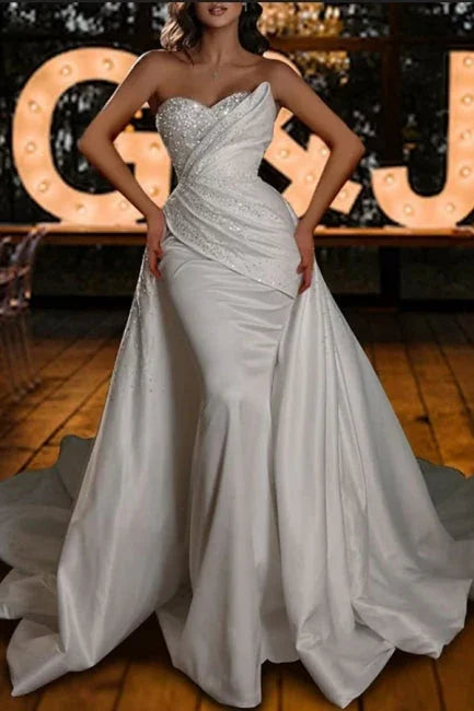Vintage trägerlose Meerjungfrauen-Hochzeitskleider aus Pailletten und Satin, ärmellos