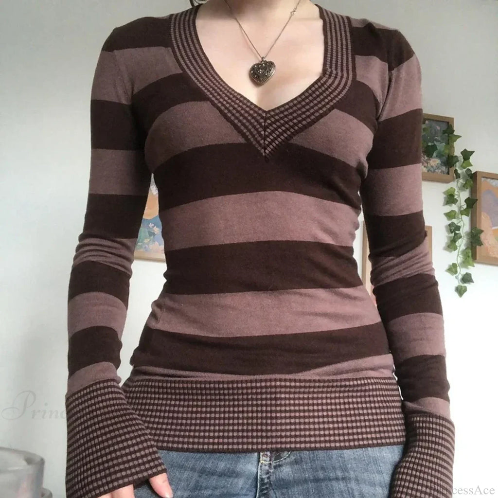 Vintage Striped T-shirt V-Neck Long Sleeve Knit Top Women